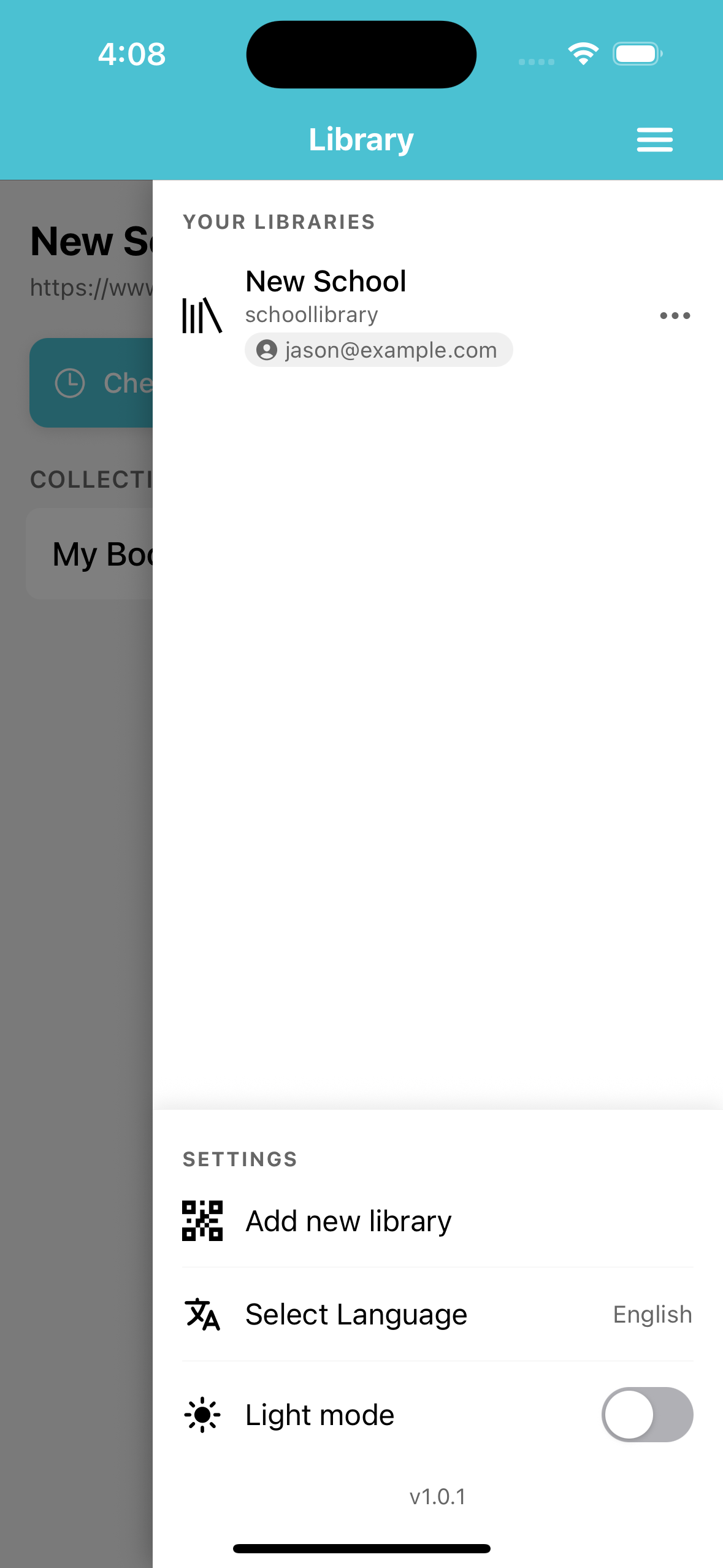 App menu with libraries and settings