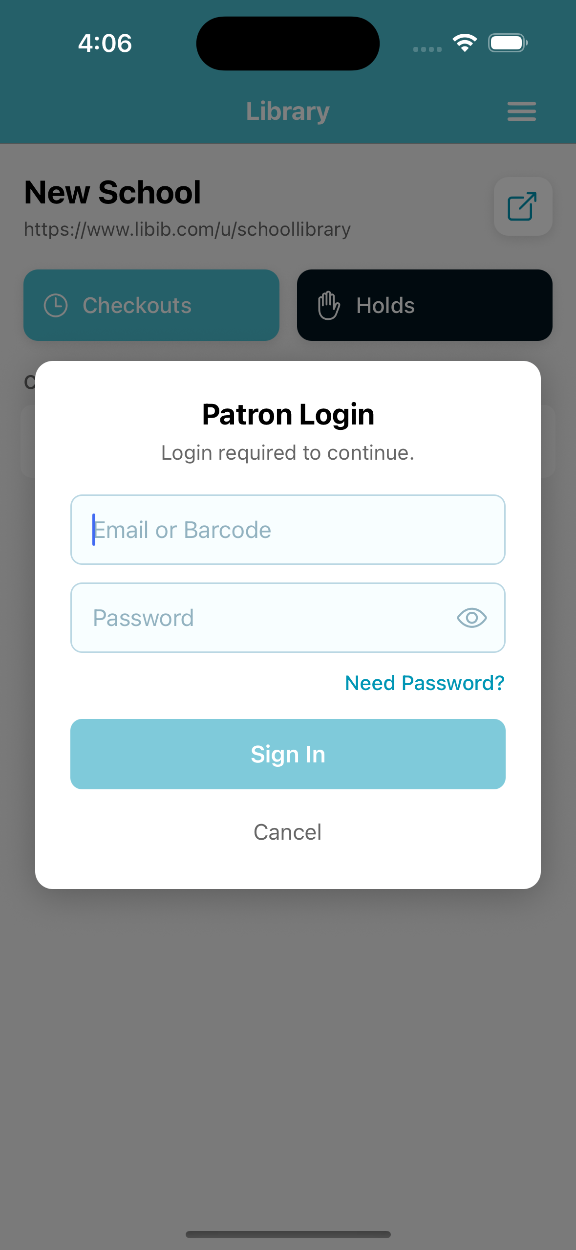 Patron login screen