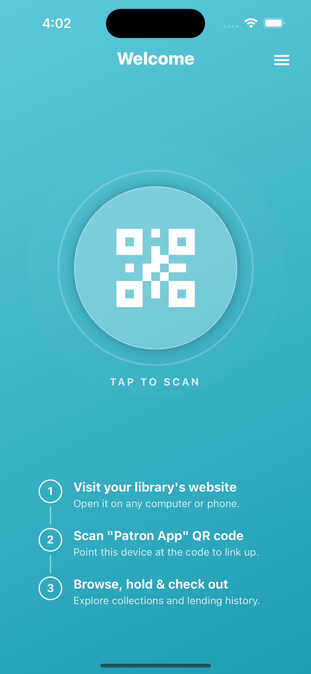 Patron App welcome screen